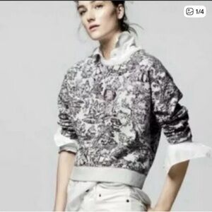 J Crew Cropped Sweater/Sweat Shirt Size S Gray Little Town Rural Print Crewneck